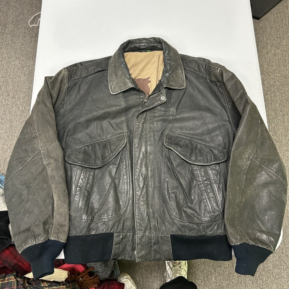 Hunt Club Leather Bomber Jacket Mens 46R Grey Distressed Aviator Full Zip